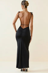 Ruched Backless Maxi Dress in Black