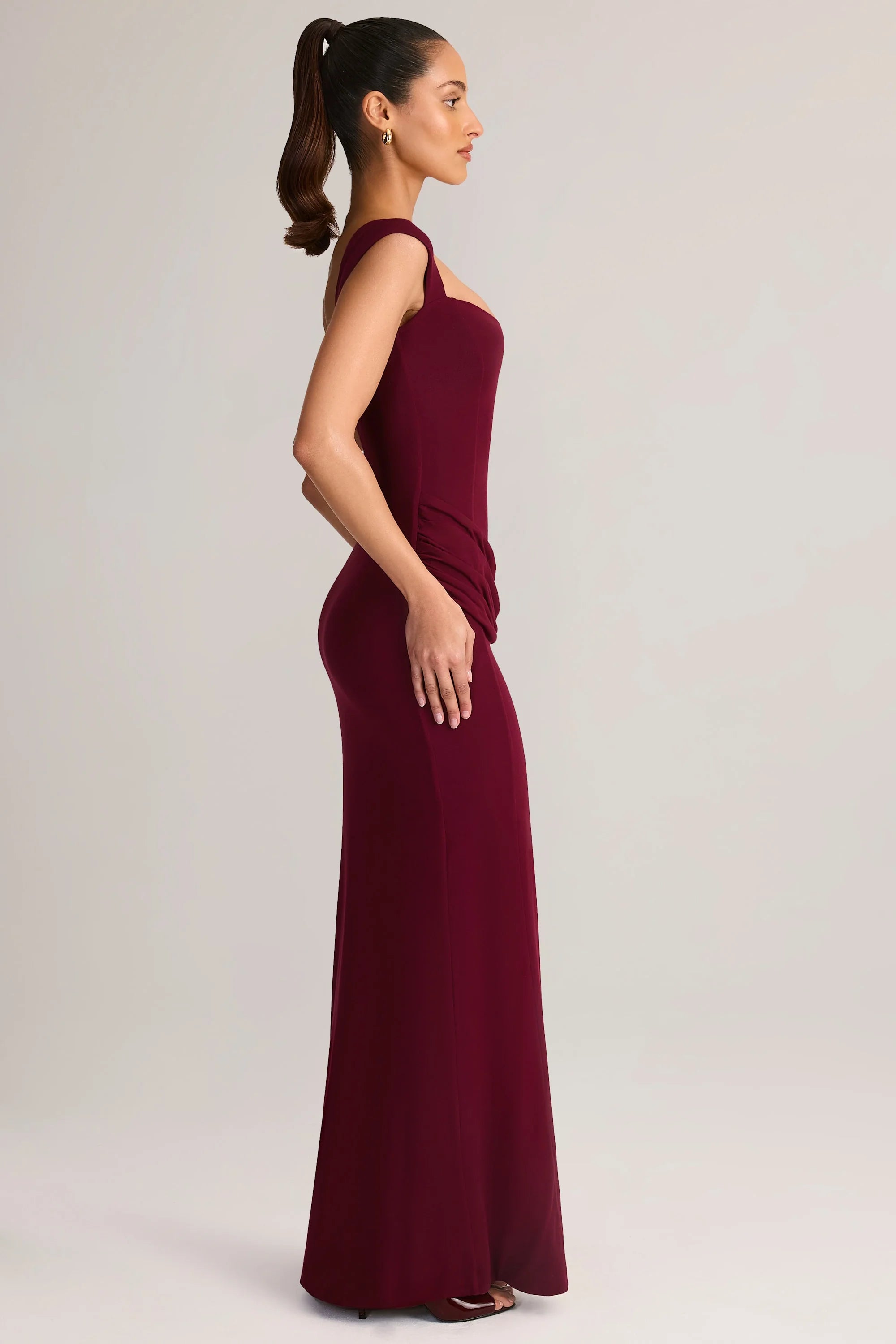 Modal Sweetheart-Neck Cowl-Waist Maxi Dress in Wine