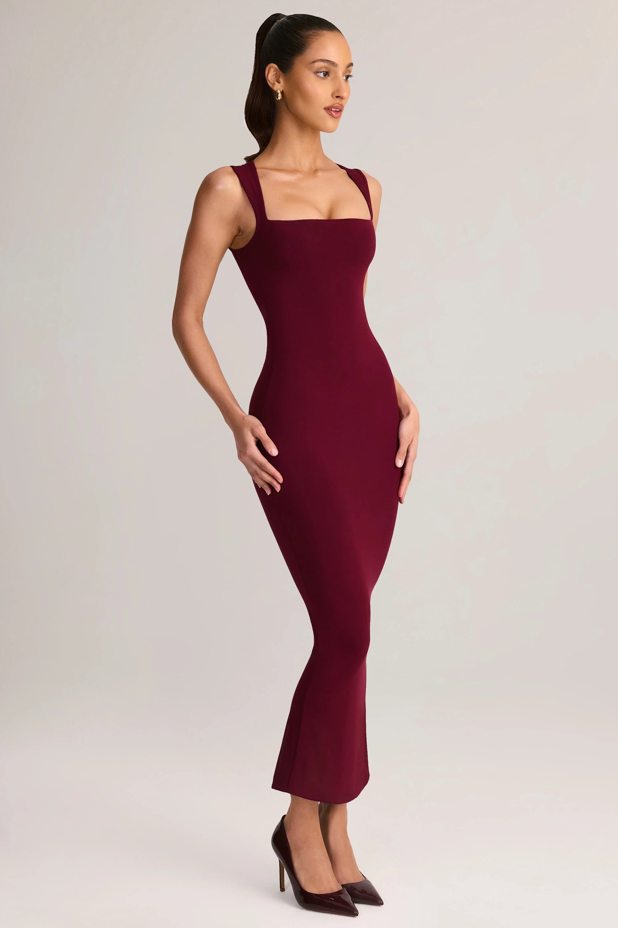 Modal Square-Neck Bodycon Midi Dress in Wine