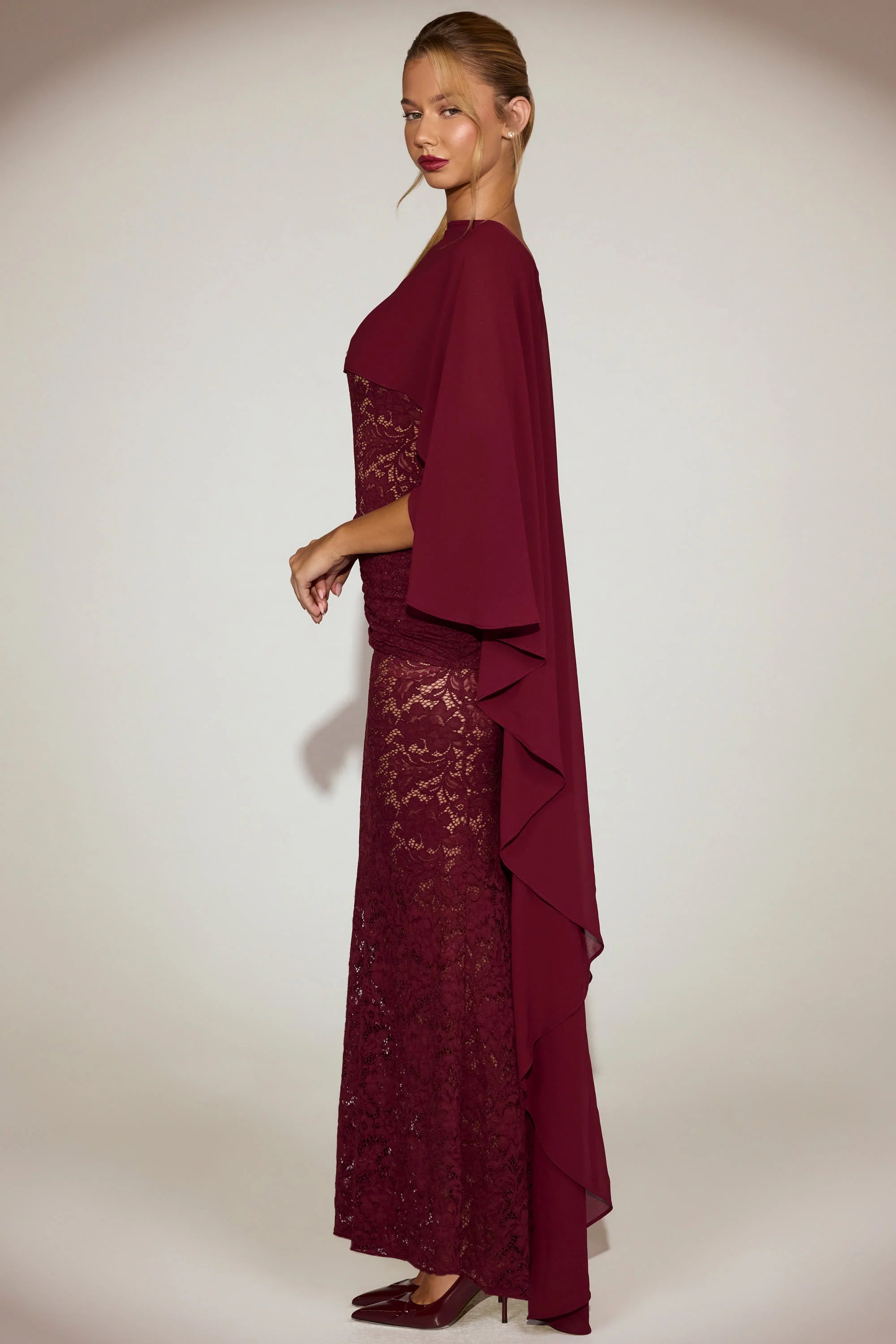 Sheer Chiffon Draped Cape in Wine Red