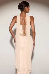 Embellished Lace-Up Corset Top With Scarf in Gold