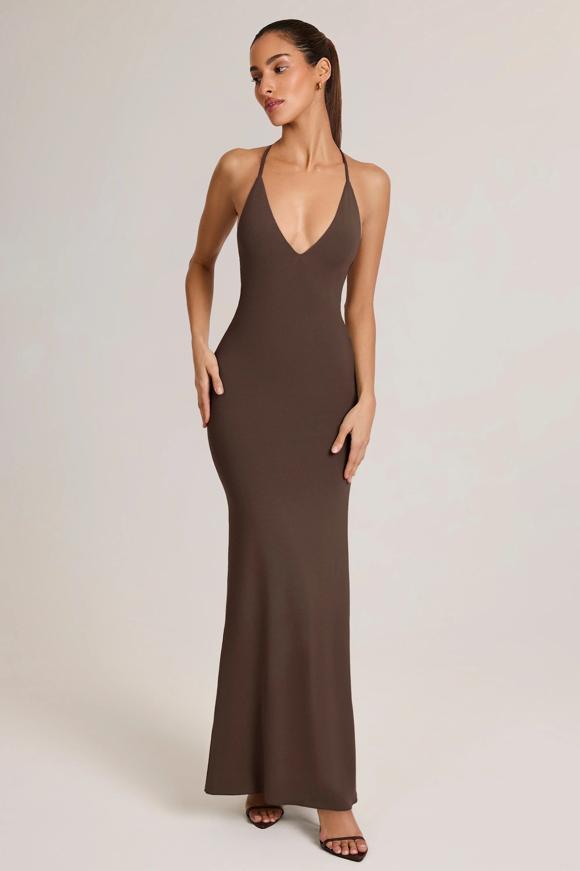 Modal Plunge Backless Maxi Dress in Chocolate Brown