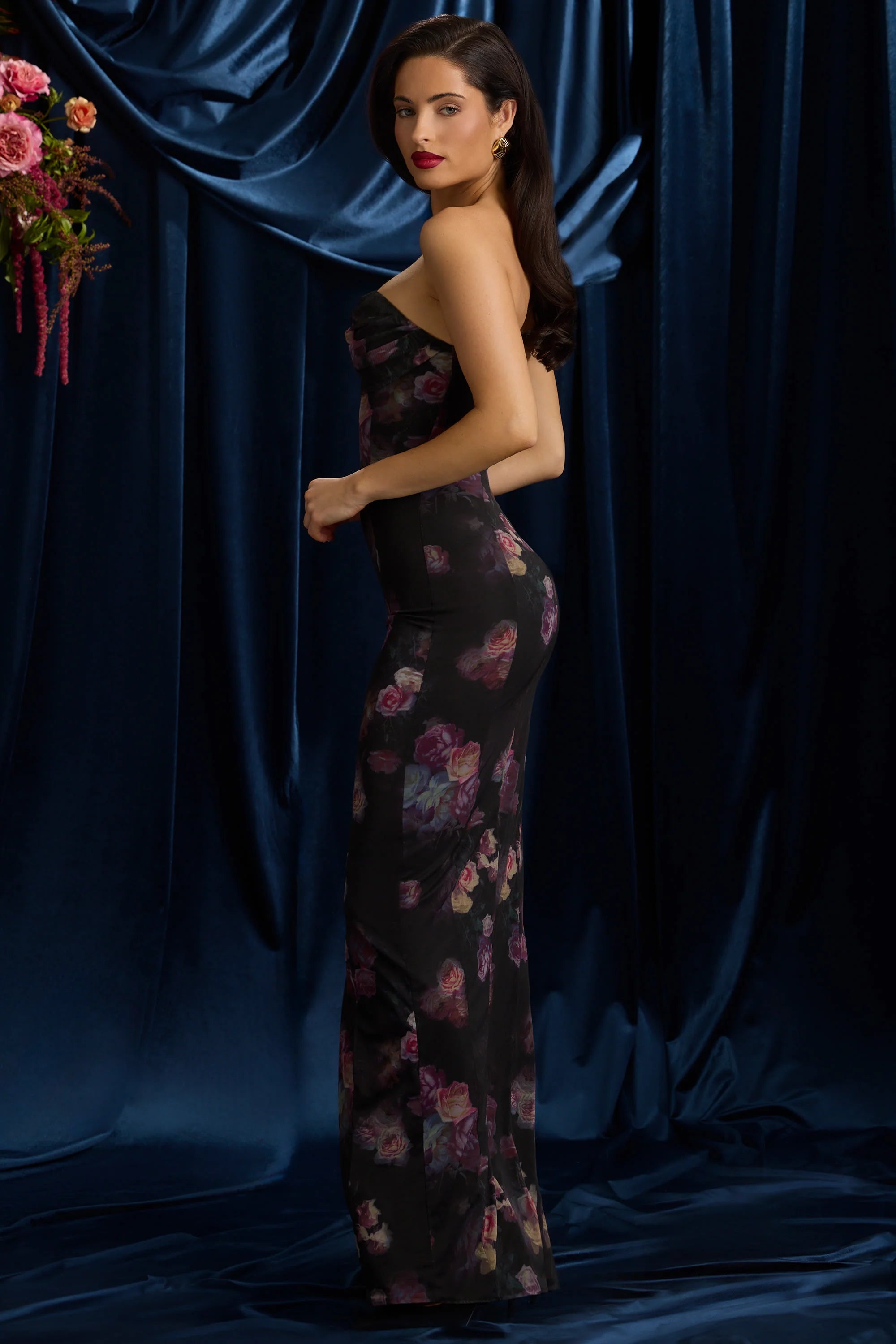 Bandeau Cowl-Neck Maxi Dress in Black Floral Print