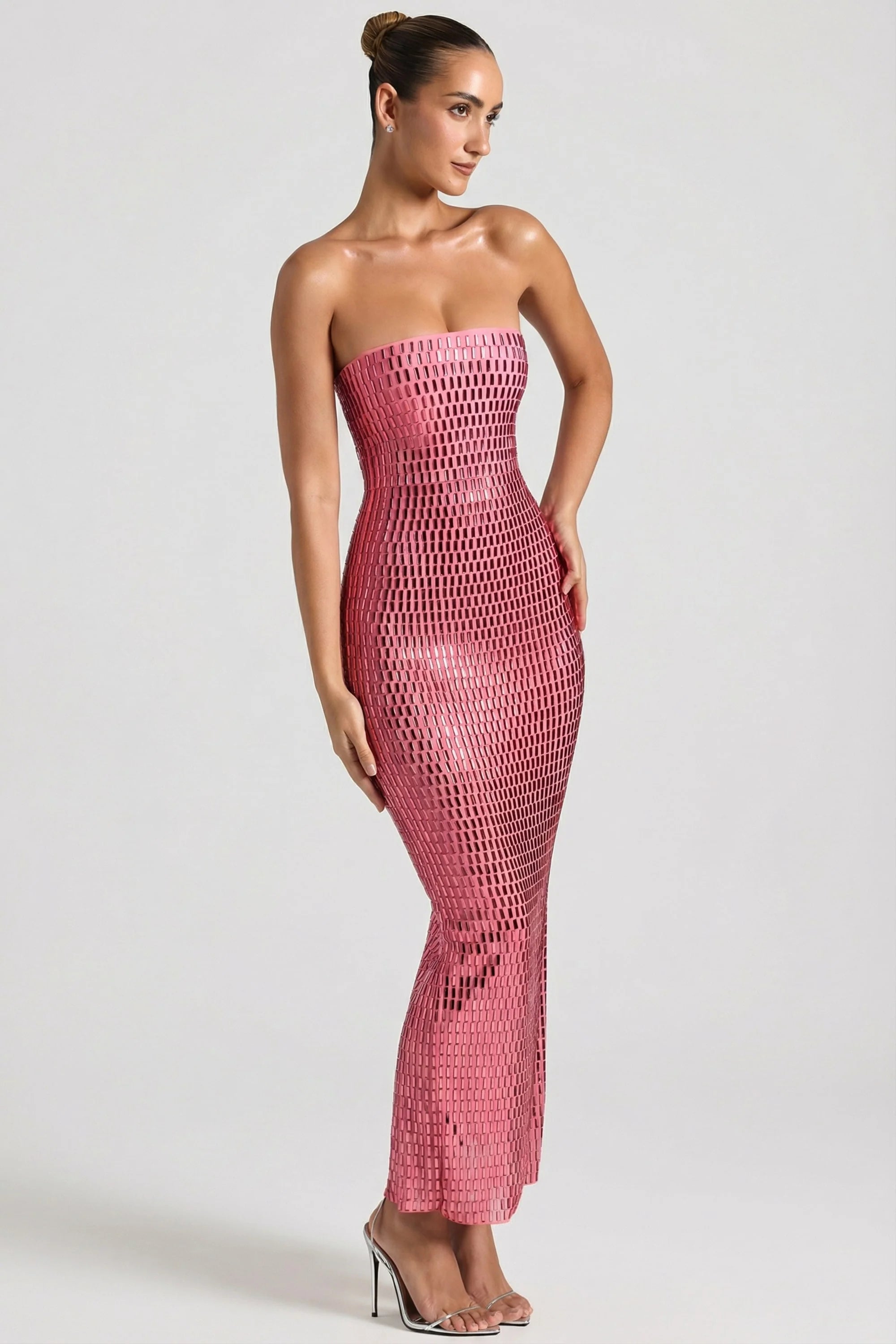 Embellished Strapless Bandeau Maxi Dress in Watermelon