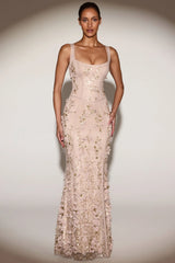 Embellished Appliqué Soft-Scoop Corset Gown in Gold