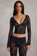 Sheer Lace Plunge-Neck Long-Sleeve Top in Black