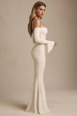 Off-Shoulder Ruffle Lace Maxi Dress in Ivory