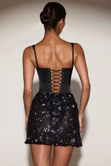 Satin Corset Embellished Skirt Mini Dress in Black Purple