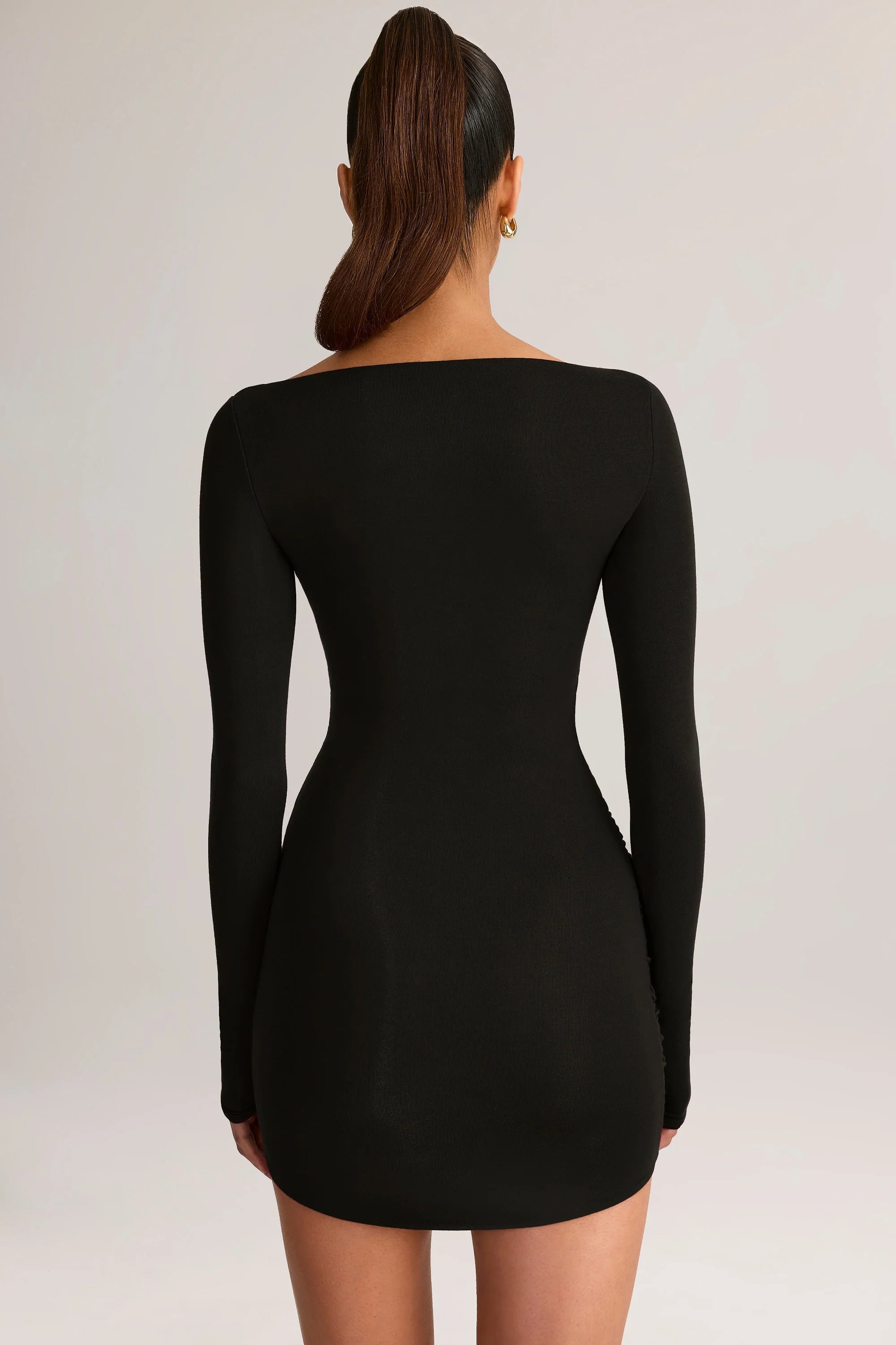 Modal Boat-Neck Draped Long-Sleeve Mini Dress in Black