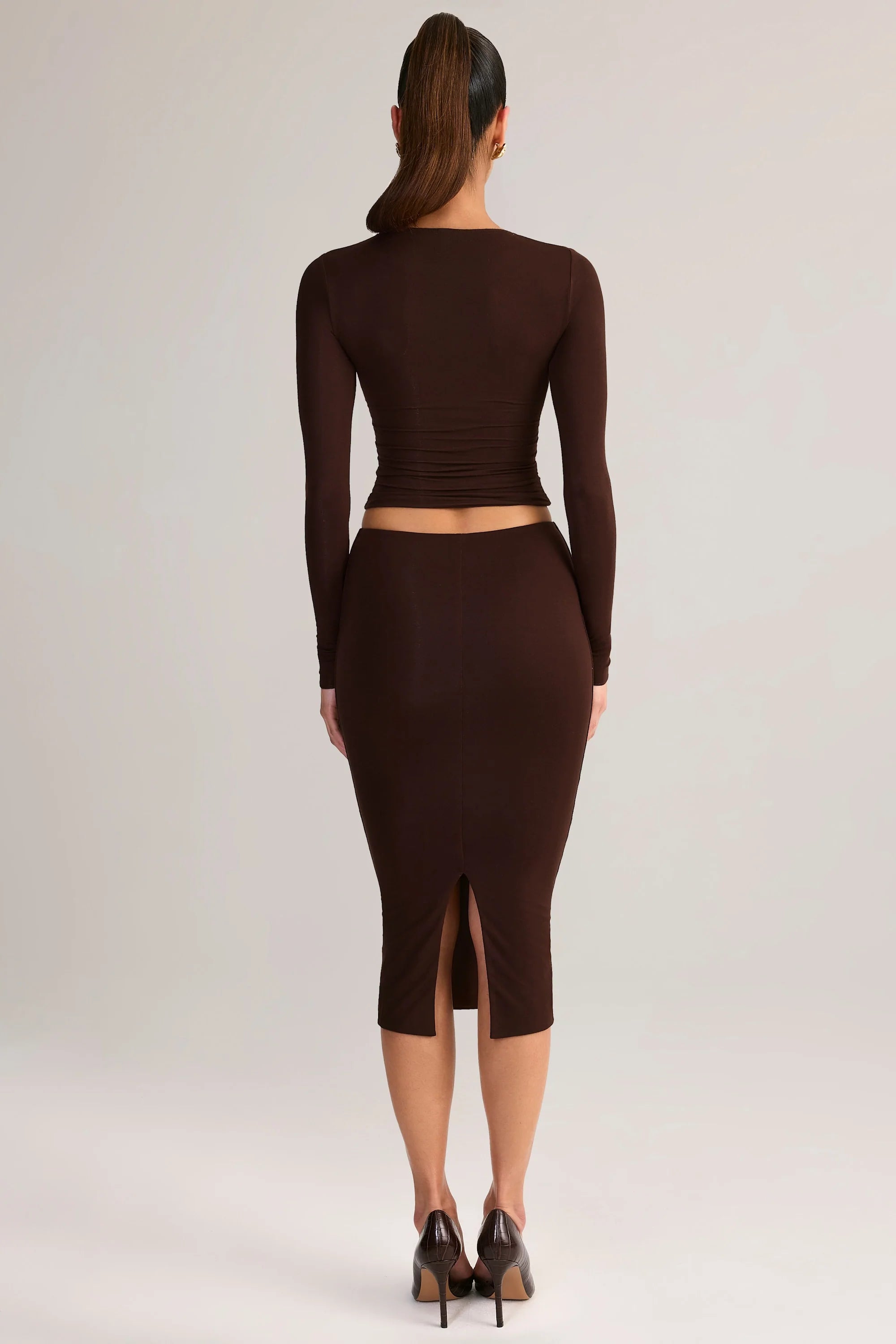 Modal Mid-Rise Pencil Midi Skirt in Chocolate Brown