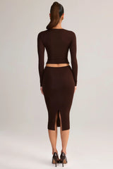 Modal Mid-Rise Pencil Midi Skirt in Chocolate Brown