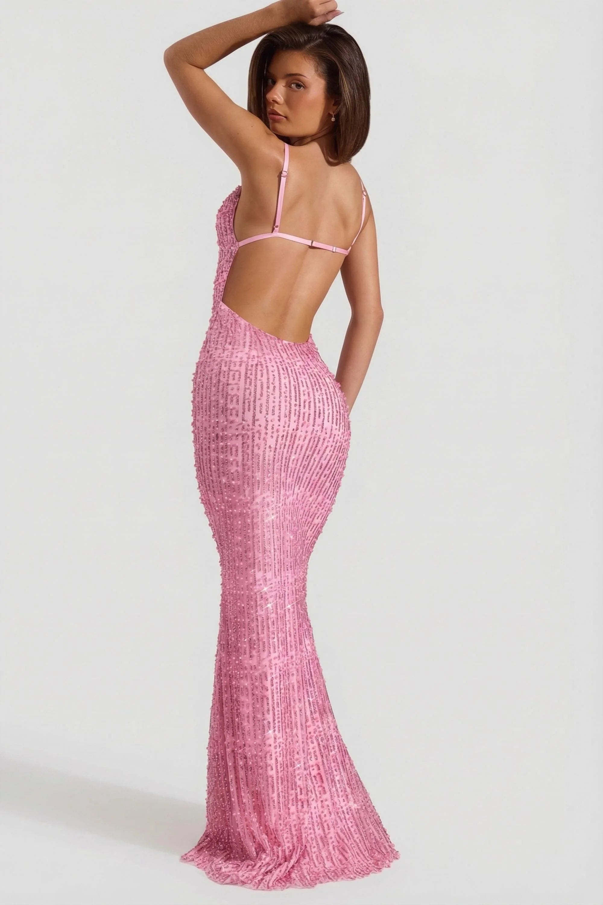 Embellished Cowl-Neck Backless Maxi Dress in Pink