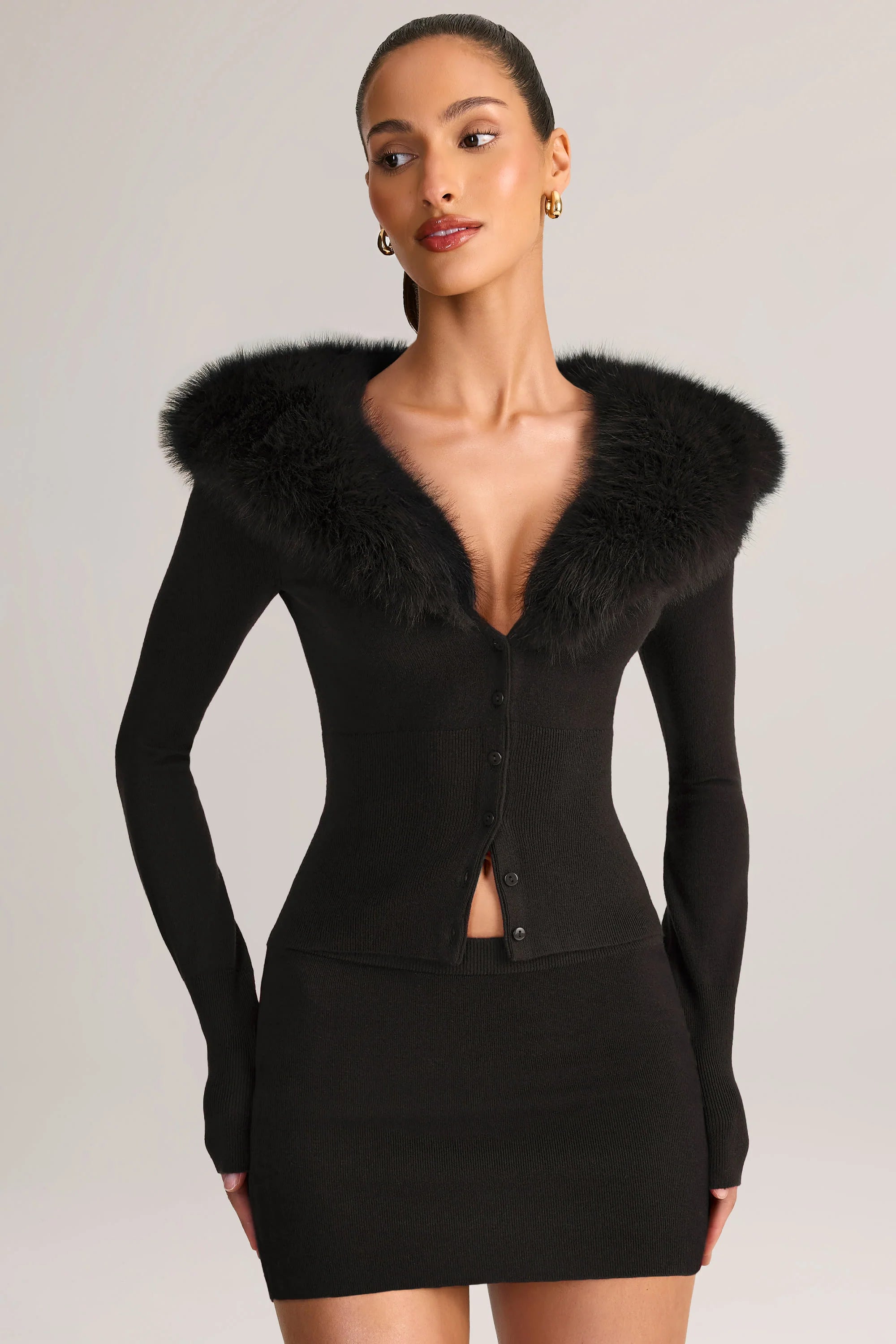 Knit Faux-Fur-Trim Cardigan in Black