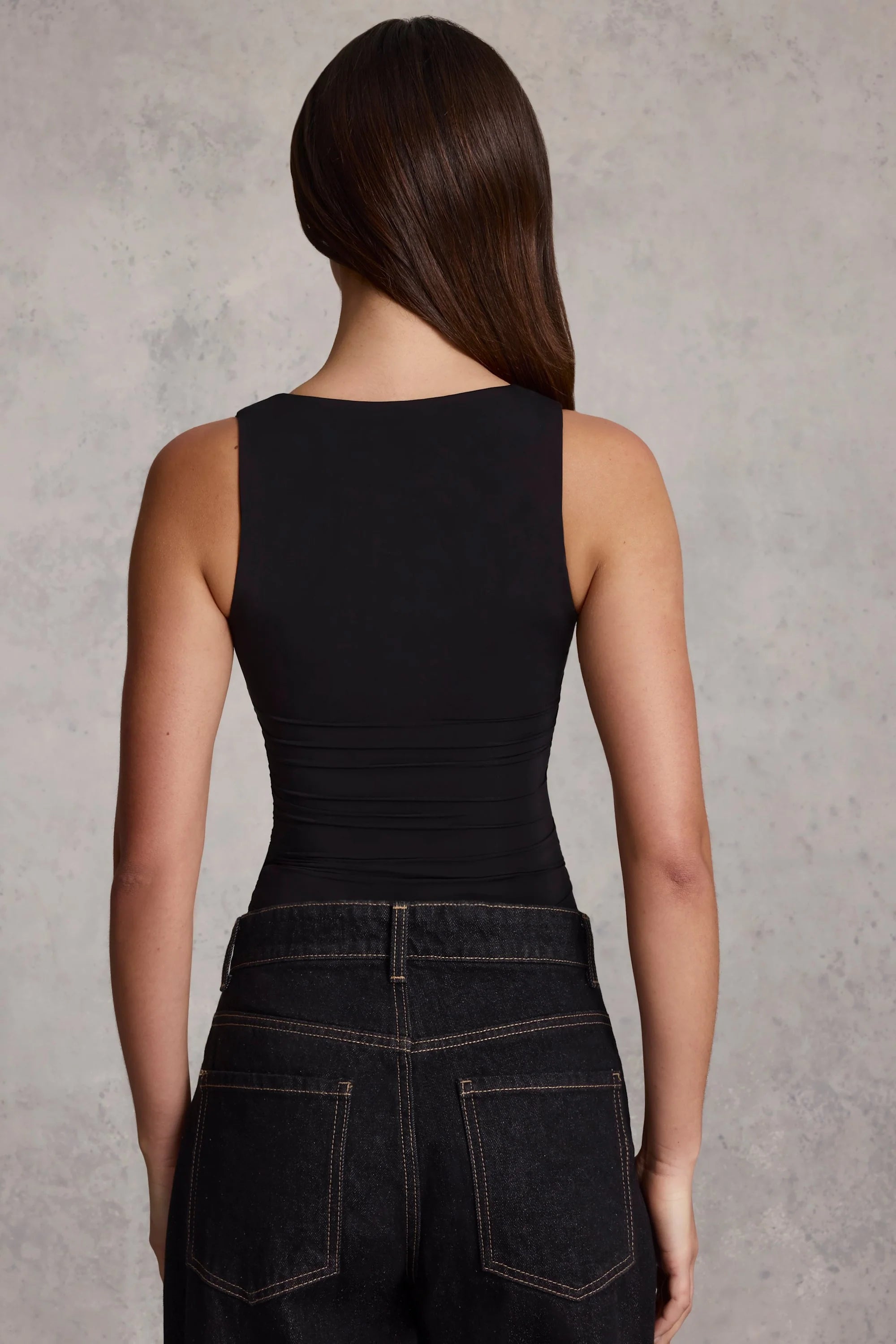 Soft Jersey Square-Neck Ruched Top in Black