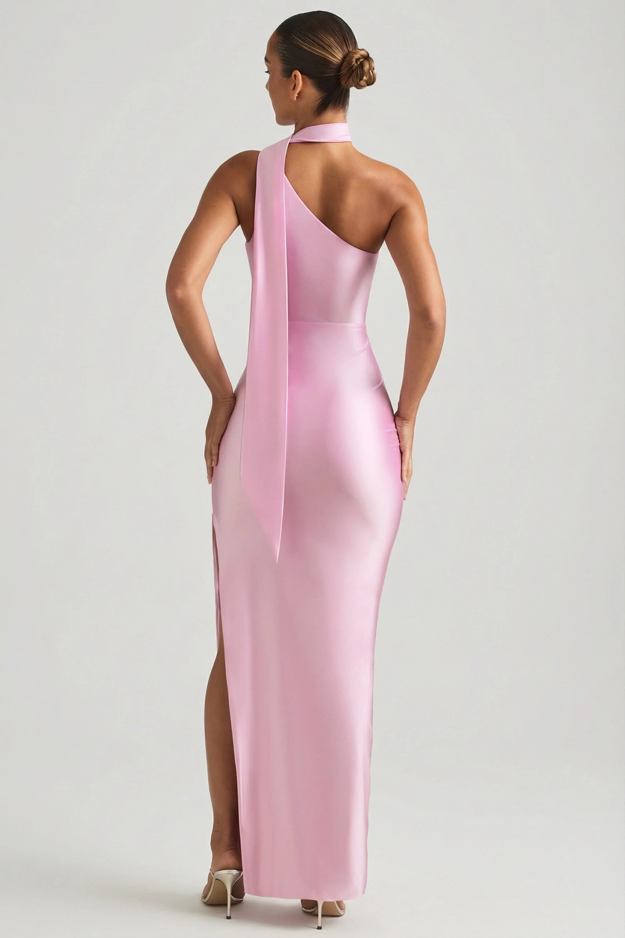 Asymmetric Scarf-Detail Maxi Dress in Soft Pink