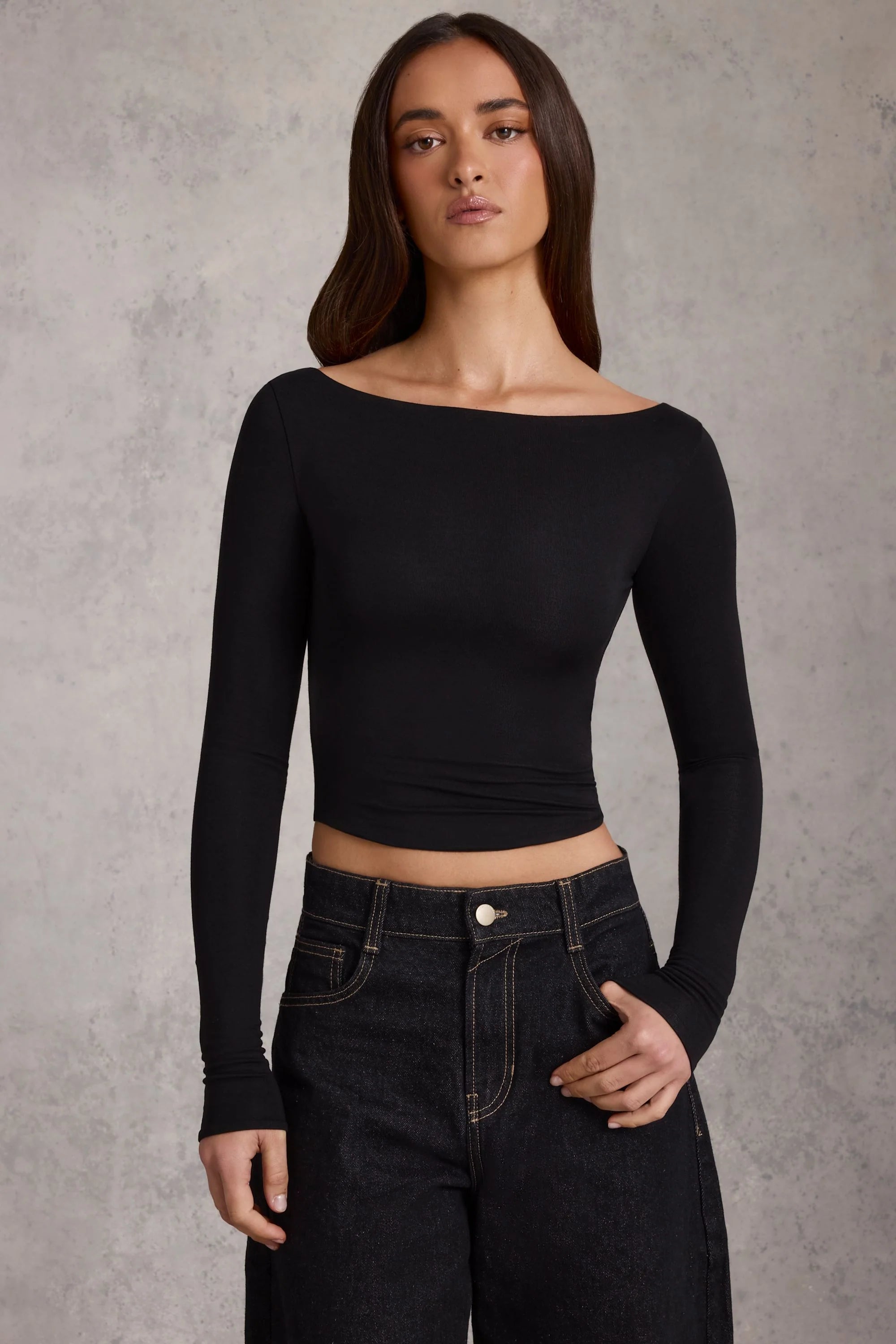 Modal Boat-Neck Long-Sleeve Top in Black