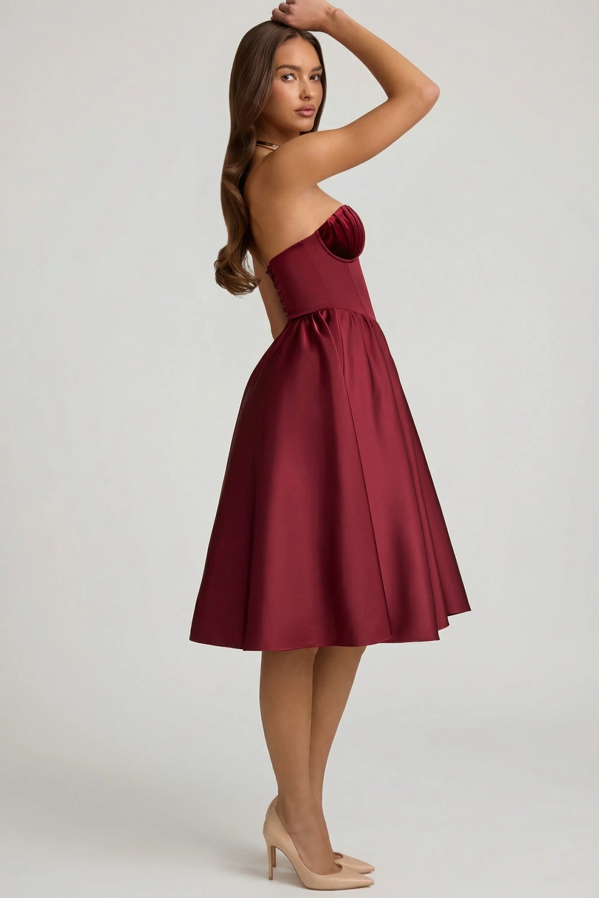 Strapless Corset Midi Dress in Wine Red