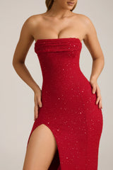 Embellished Strapless Cowl-Neck Maxi Dress in True Red