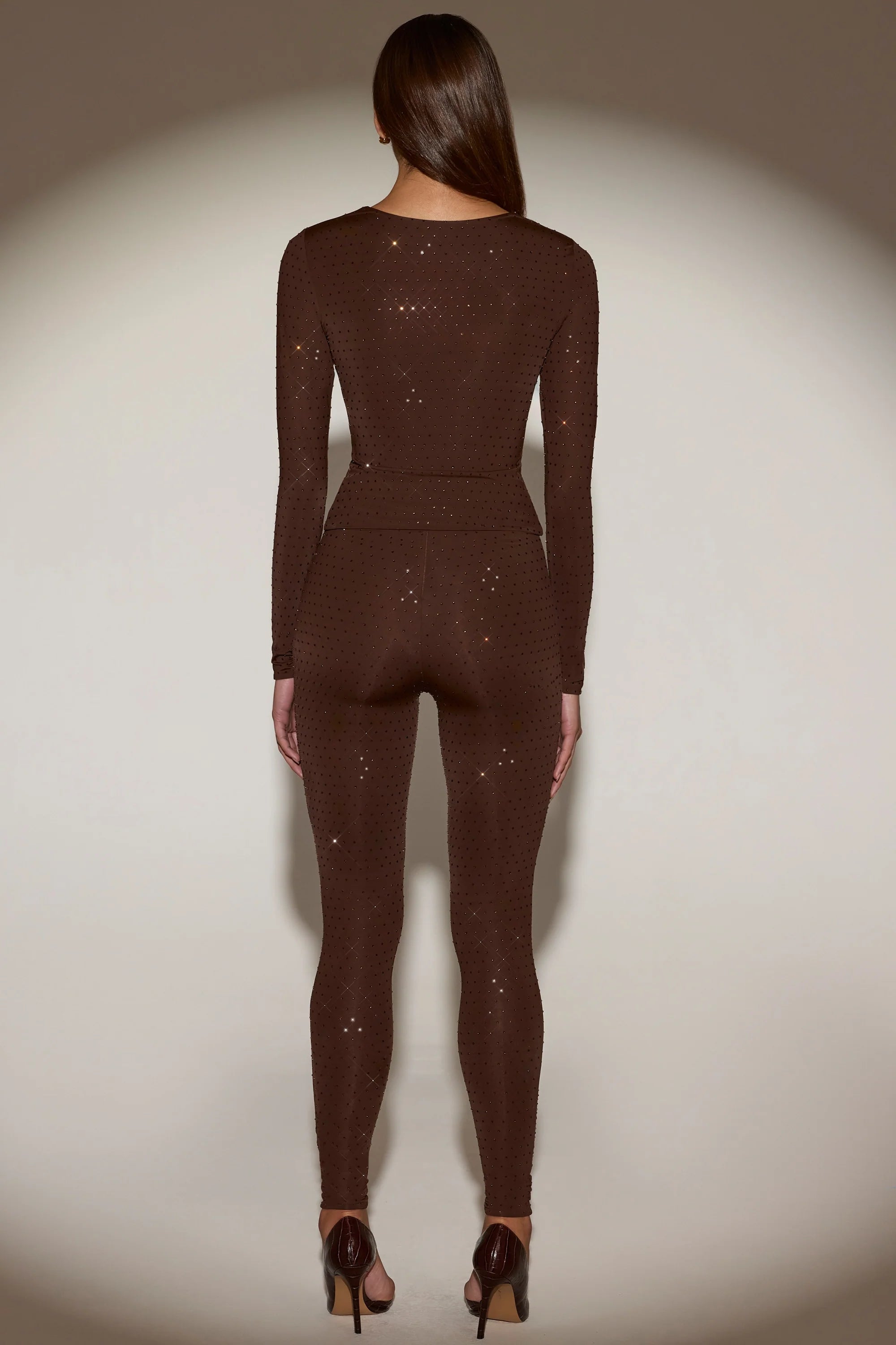 Embellished Jersey High-Waisted Leggings in Chocolate Brown