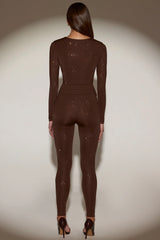 Embellished Jersey High-Waisted Leggings in Chocolate Brown