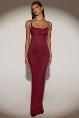 Sheer Embellished Backless Maxi Dress in Burgundy