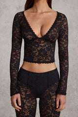 Sheer Lace Plunge-Neck Long-Sleeve Top in Black