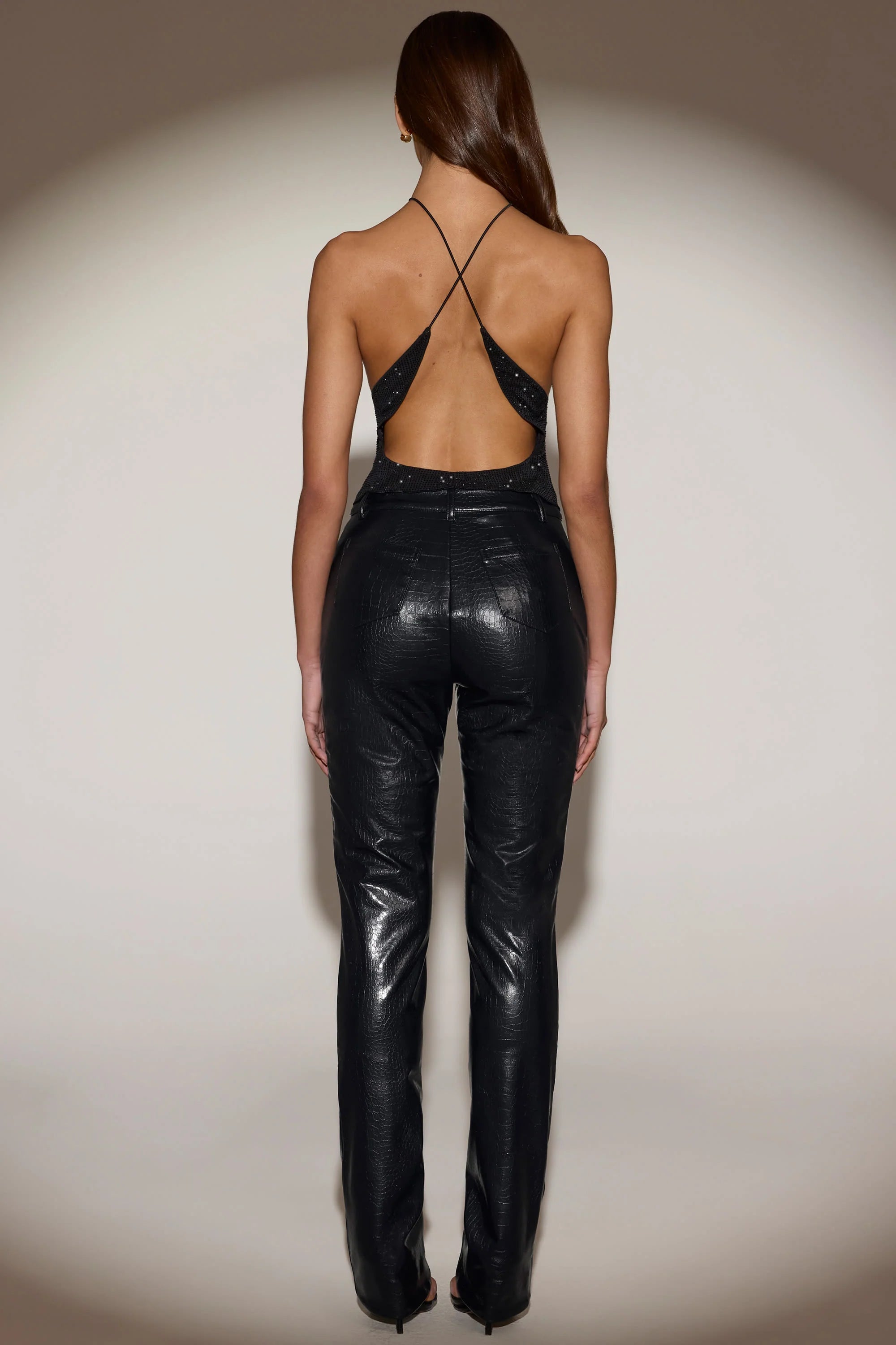 Faux Croc-Leather Straight-Leg Trousers in Black