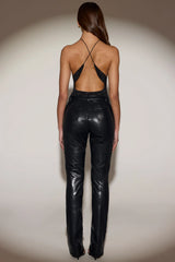 Faux Croc-Leather Straight-Leg Trousers in Black