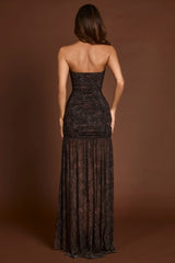 Embellished Bandeau Gathered Maxi Dress in Snake Hotfix