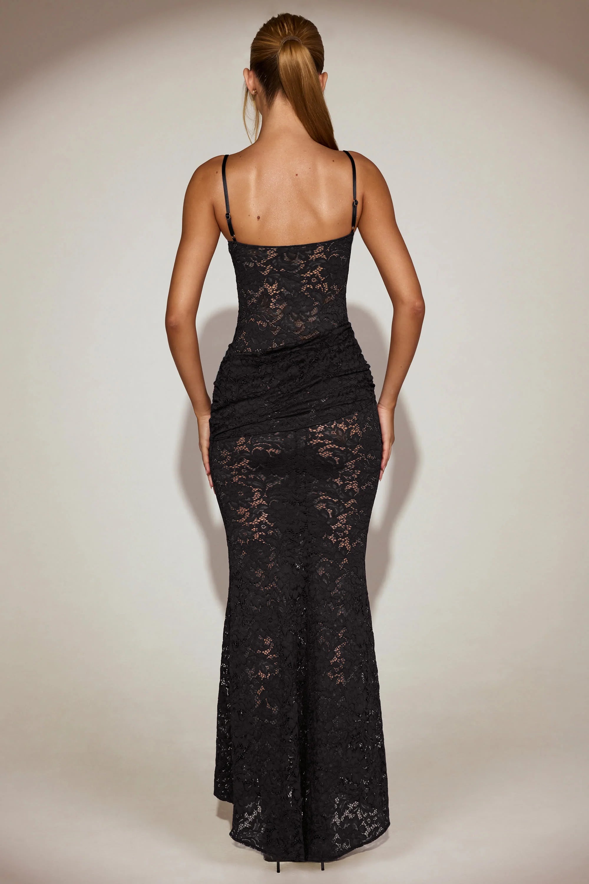 Sheer Lace Square-Neck Ruched Gown in Black