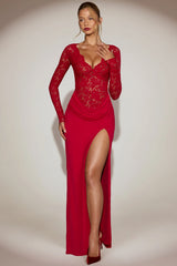 Lace Scalloped Plunge-Neck Maxi Dress in True Red