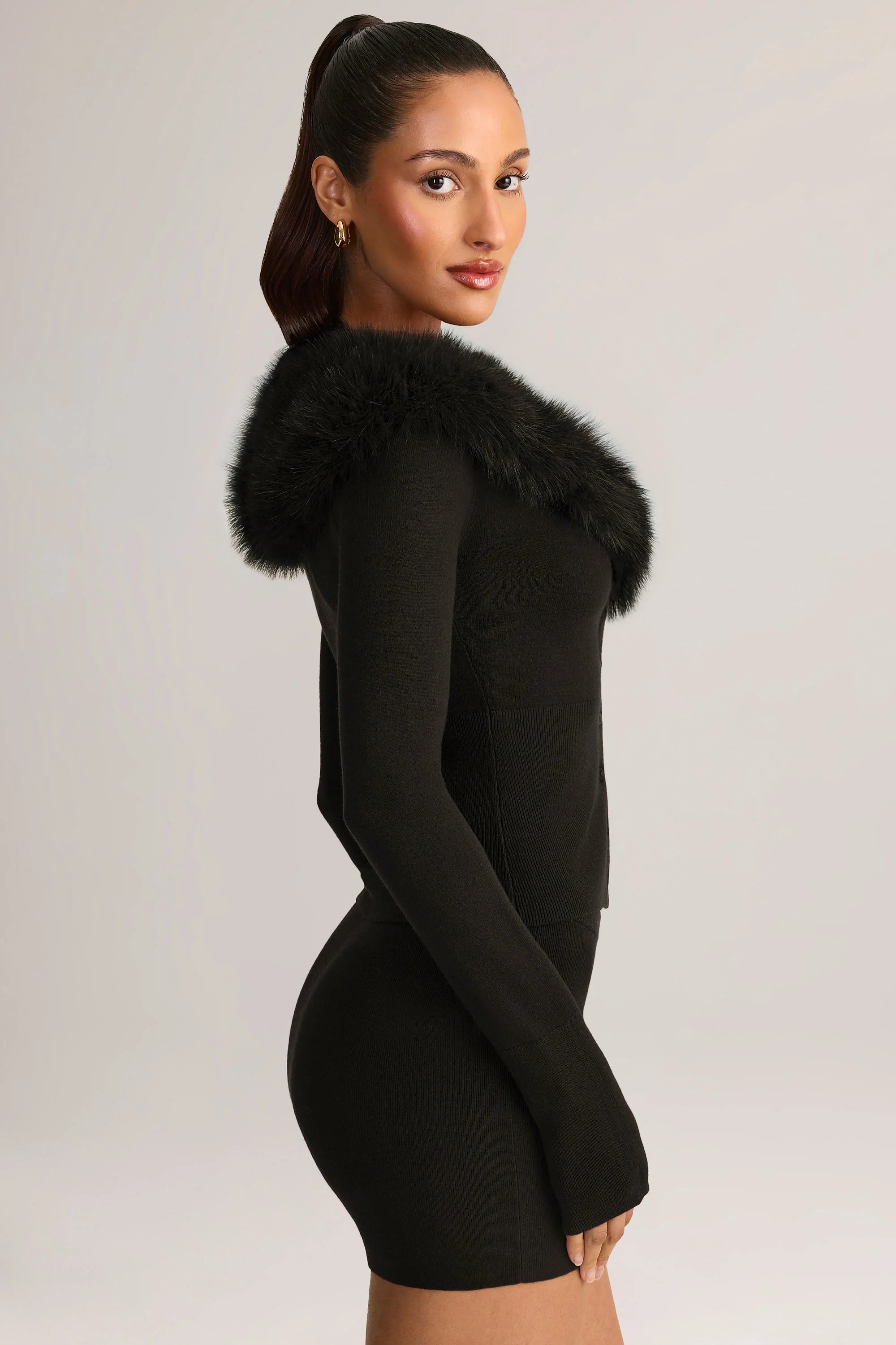 Knit Faux-Fur-Trim Cardigan in Black