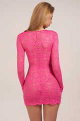 Sheer Scalloped-Lace Long-Sleeve Mini Dress in Hot Pink
