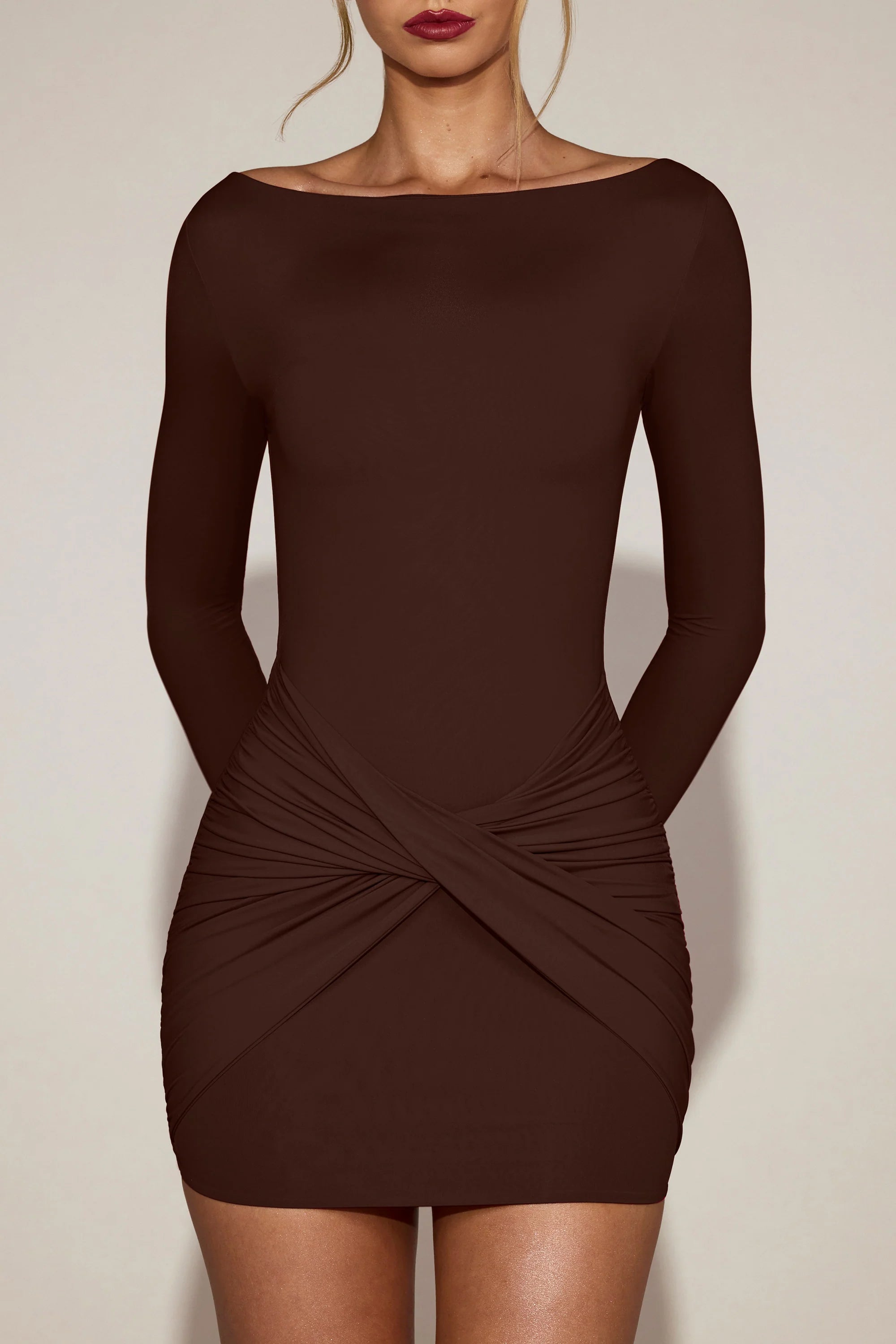 Soft-Jersey Boat-Neck Draped Mini Dress in Chocolate Brown