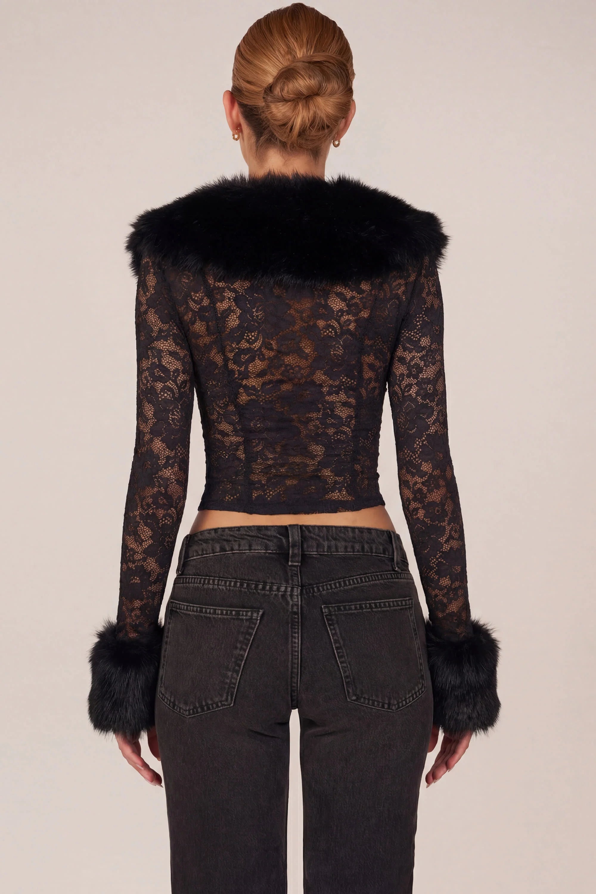 Sheer Lace Faux-Fur-Trim Cardigan in Black