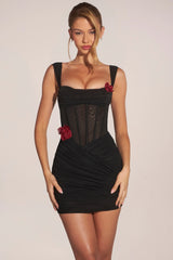 Corseted Draped Skirt Mini Dress in Black