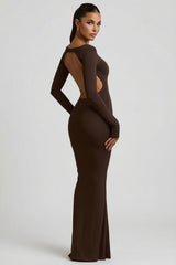 Modal Ruched Backless Maxi Dress in Chocolate Brown