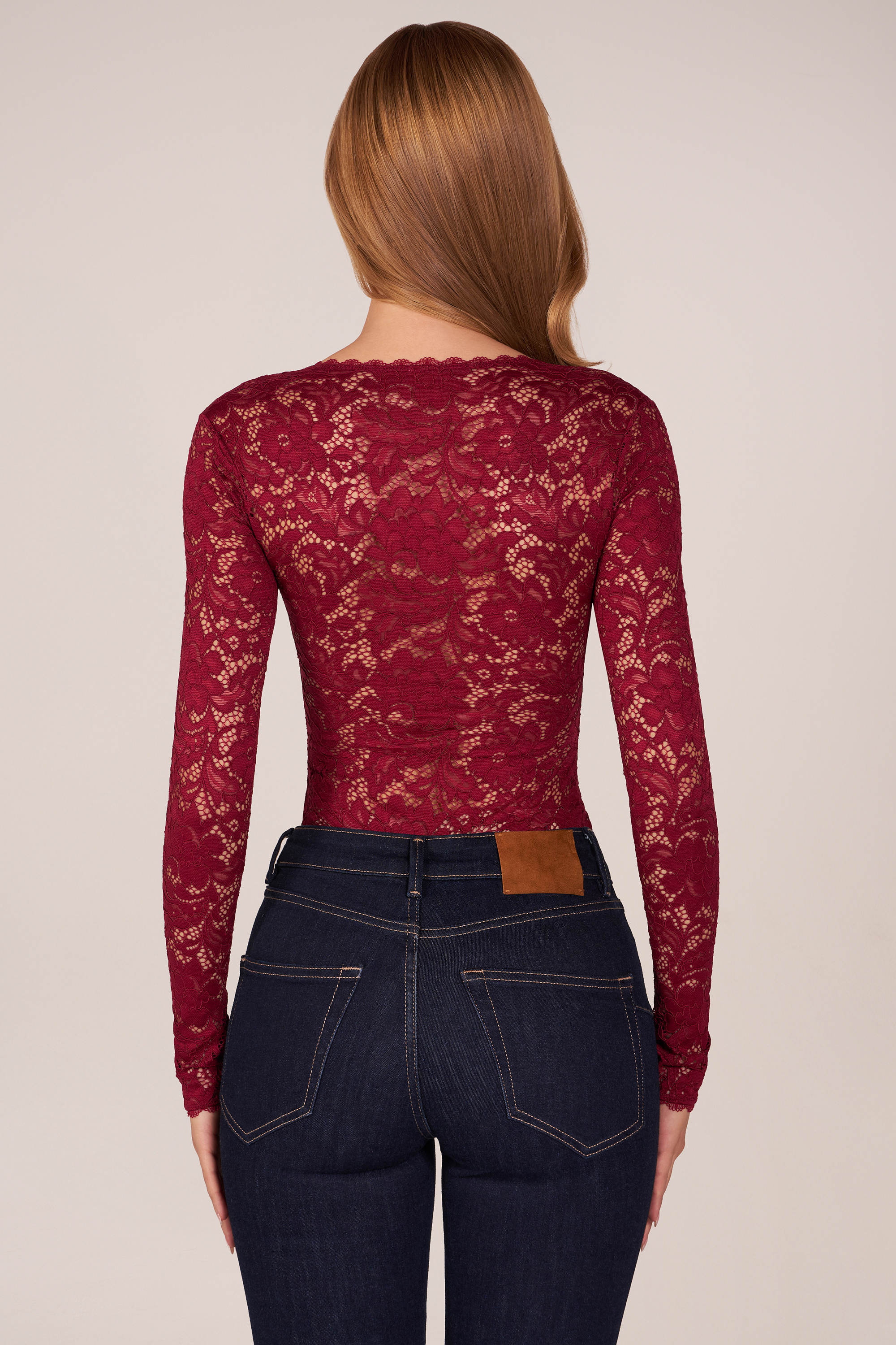 Long-Sleeve Laced Bodysuit in Cherry Red