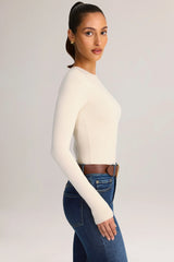 Modal Round-Neck Long-Sleeve Bodysuit in Cream