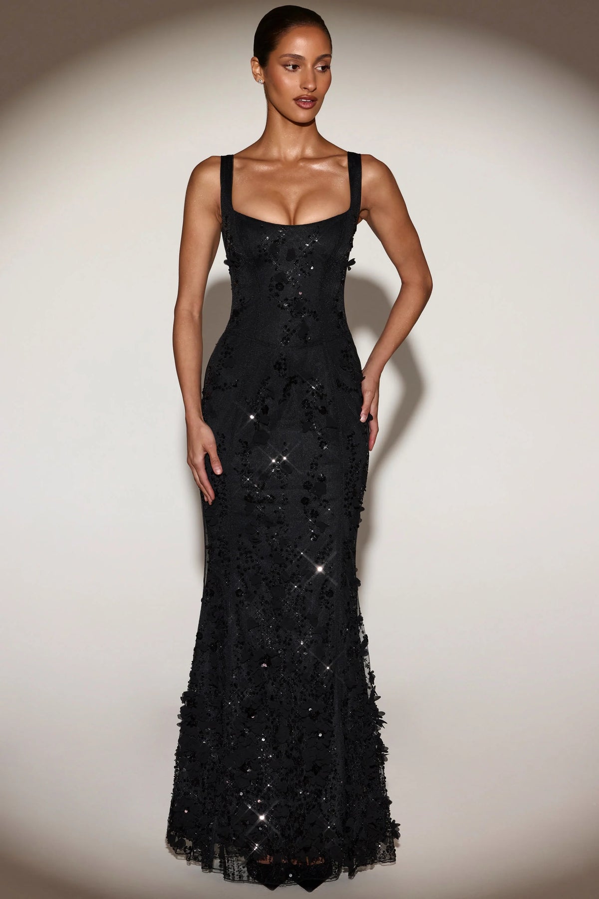 Embellished Appliqué Soft-Scoop Corset Gown in Black