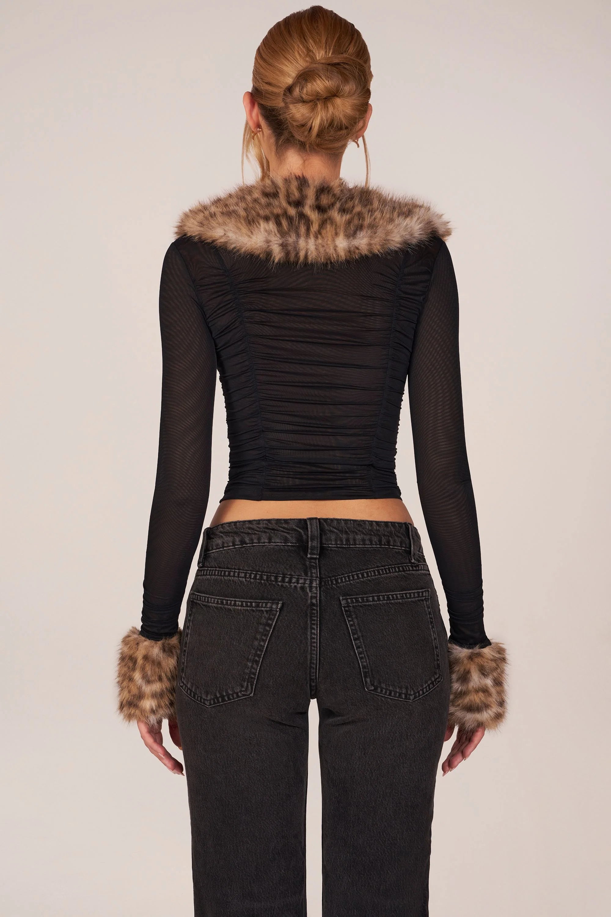 Faux Fur-Trim Sheer Mesh Cardigan in Black