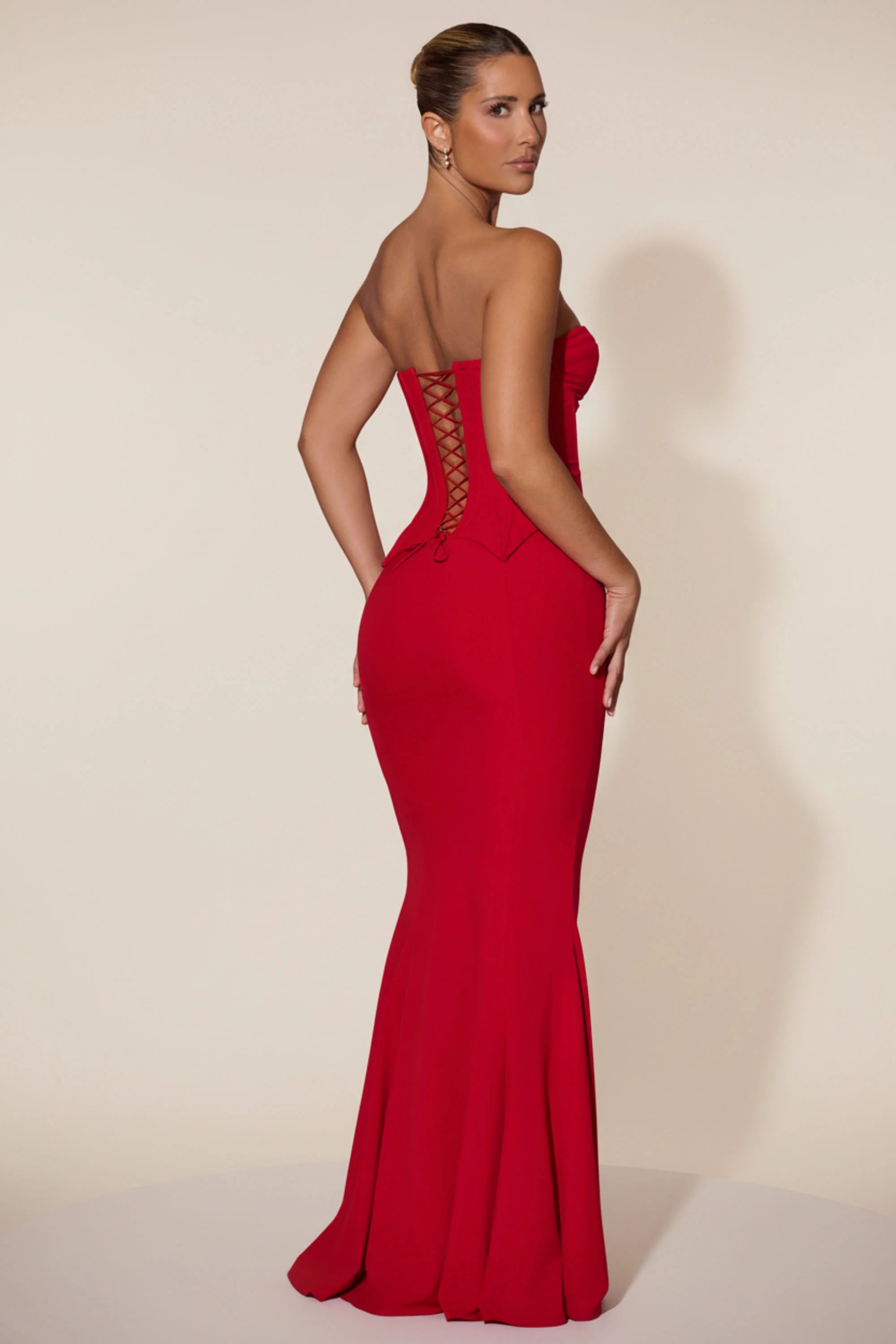 Lace-Up Corset Fishtail Maxi Dress in Red
