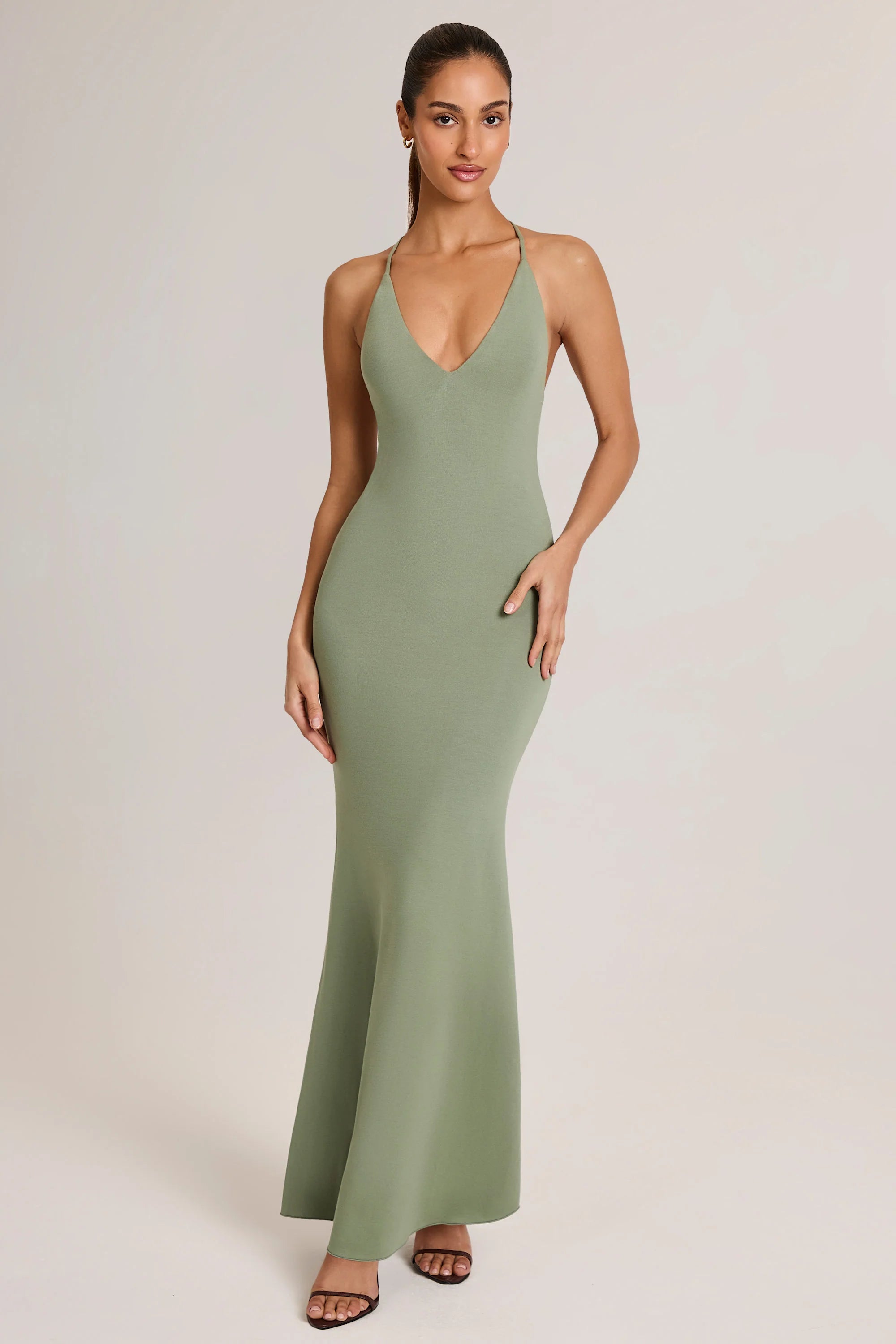 Modal Plunge Backless Maxi Dress in Sage Green