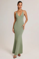 Modal Plunge Backless Maxi Dress in Sage Green