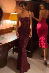 Sheer Lace Square-Neck Ruched Gown in Wine Red