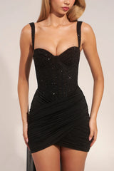 Corseted Draped Mini Dress in Black