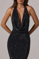 Embellished Cowl-Neck Backless Gown in Black