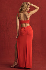Textured Jersey Asymmetric Maxi Dress in Chilli Red