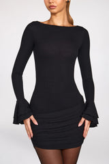 Ribbed Modal Long-Sleeve Draped Mini Dress in Black