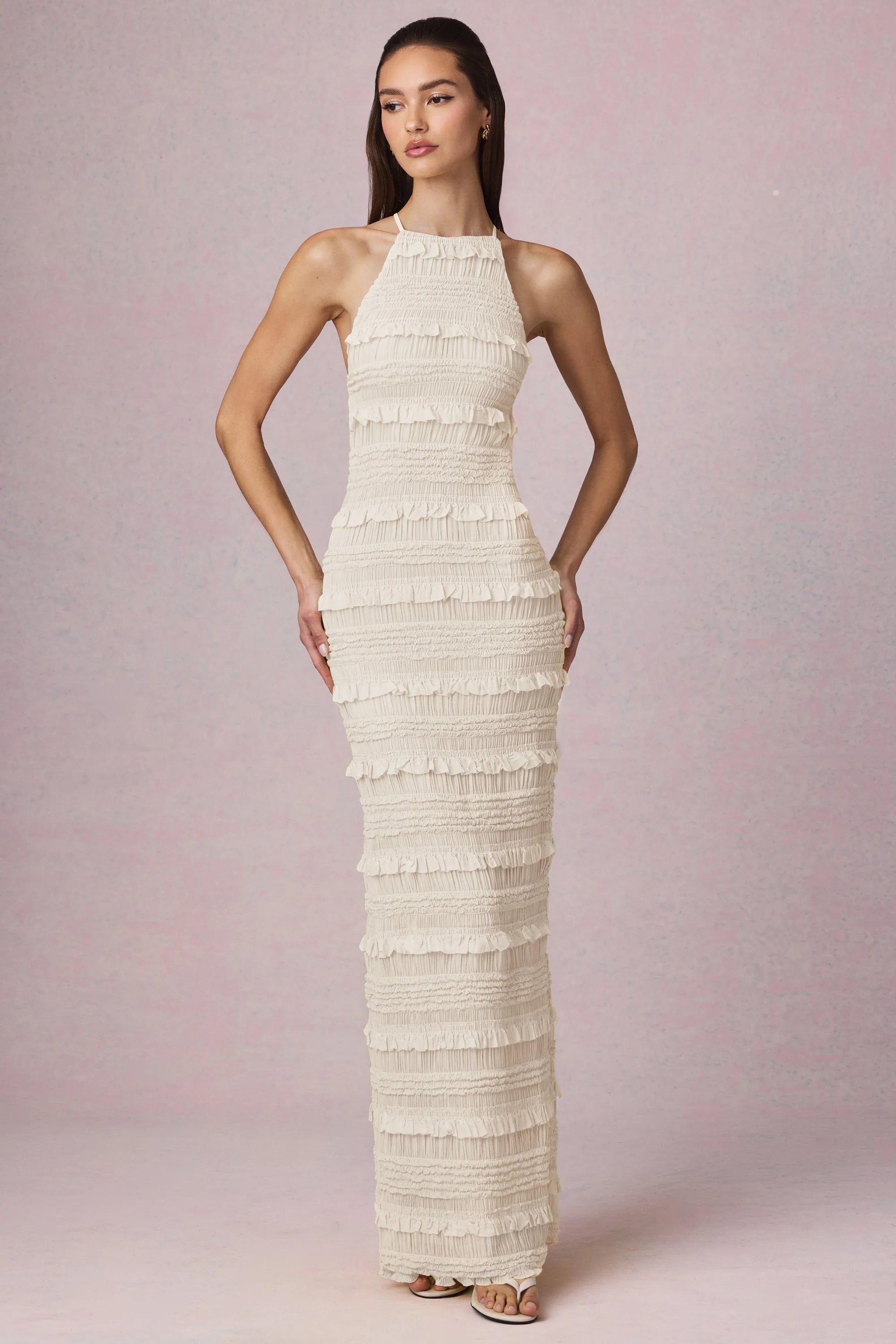 Ruffled Backless Halterneck Maxi Dress in Ivory